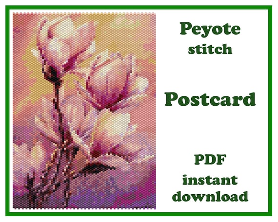 7.00 USDPeyote Postcard pattern PDF Postcard Flowers 5The pattern for Miyuki Delica Beads size 11 (48 colors)Technique: Peyote stitch.Width: 4.14 in (10.5 cm) - 78 columnsLength: 5.82 in (14.8 cm) - 84 rowsIn this difficult time, we all want to give something special to loved ones. Put a piece of your love and care in an envelope and send it to another part of the world.With a beaded postcard, it is possible!Make a unique greeting card with your own hands - bead to bead. You can hung it on the wall or framed. An original postcard in vintage style will delight you with its beauty for a long time.The PDF file includes :1. Pattern preview.2. A large, detailed, numbered graph of the pattern.*3. Bead legend - numbers, colors and the number of beads used for each color beads Delica.4. Word chart.You will find your PDF file and jpg file in the section "Your purchases" in Etsy after payment.*The colors in the Bead Chat may differ from the color of the beads due to the peculiarities of the program and the computer monitor.The pattern is for personal use only. Please do not copy, resell or share.PLEASE NOTE: this is a listing for a PDF pattern file, not the finished itemor step-by-step tutorial. Materials are not included. Stitch Technique Instructions or Tutorials are not included. However if you need any help, be free to contact me.Thank you for visiting my shop!