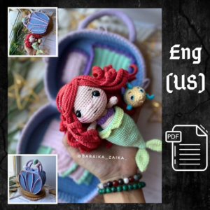 13.70 USDPLEASE NOTE: THIS IS A DIGITAL CROCHET PATTERN, NOT READY-MADE TOYS!This list is an original drawing (written in English using American terminology) to link your own toy!CROCHET PATTERN “«THE MERMAID'S HOUSE»Difficulty level – INTERMEDIATEMaterials:For mermaid doll- Fine/ 4ply yarn Yarn Art Jeans (50g /160m)N05 – CreamN11 – GreenN26 – ScarletN50 – PurpleN62 – WhiteN74 – PinkN79 – Minty- 1.5 mm crochet hook - Some black thread for embroidery- Safety Eyes 10 mm- 1 Button- Pink pastel for toning- Scissors- Sewing pins- Stuffing material, fiberfill- Needle for sewing piecesThe height of the doll is 12-13 cm / 4,5-5 inches, using indicated materials.For little fish- Fine/ 4ply yarn Yarn Art Jeans (50g /160m)N55 – Bright BlueN67 – Yellow- 1.5 mm crochet hook - Some black and white threads for embroidery- Scissors- Sewing pins- Stuffing material, fiberfill- Needle for sewing piecesThe length of the fish is 5-6 cm / 2-2,5 inches, using indicated materials.For House Bag- Fine/ 4ply yarn Yarn Art Jeans (50g /160m)N15 – Blue (3 balls) N19 – LilacN50 – Purple N74 – PinkN79 – Minty- 1.5 mm crochet hook- Plastic (I use plastic folders)- 3 Buttons- Scissors- Sewing pins- Stuffing material, fiberfill- Needle for sewing piecesBag size: height 14-15cm / 5,5-6 inches, length 16-17cm / 6-7 inches, width 9-10 cm / 3,5-4 inches, using the indicated materials.The template will be available for download immediately after payment. You will receive an email from Etsy with a link to download the template.If you are going to purchase this template through the Etsy mobile app.The download link will not be available to you.To get the correct link to the template.You need to log in to your ETSY account using any browser.!!! Not via the mobile app.This template is intended for personal use only.You may not re-copy, rewrite, or distribute this template in any form as your own or otherwise.You can't resell my patterns, but you can sell any of the items made from my patterns!HAVE A PERFECT SHOPPING!