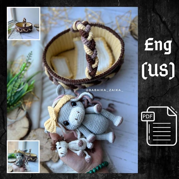 13.50 USDPLEASE NOTE: THIS IS A DIGITAL CROCHET PATTERN, NOT A READY-MADE TOY!This listing is an original pattern (written in English using American terminology and Spanish) to crochet your own toy! CROCHET PATTERN «BABY HORSE IN A BASKET»Difficulty level – INTERMEDIATEMaterials:- Fine/ 4ply yarn Yarn Art Jeans (50g /160m)N01 – WhiteN49 – GrayN70 – BrownN71 – Light BrownN83 – PinkN88 – Yellow- 1.5 mm crochet hook - Plastic (I use plastic folders) or thick cardboard- Safety Eyes 12 mm- Scissors- Sewing pins- Stuffing material, fiberfill- Needle for sewing pieces The height of the baby horse is 13-14 cm / 5.5-6 inches, using indicated materials;  The height of the toy horse is 6-7 cm / 2.5-3 inches, using indicated materials; Basket size: height 6-7cm / 2,5-3 inches, length 15-16cm / 6-6.5 inches, width 12-13 cm / 4,5-5 inches, using the indicated materials.The pattern will be available for download immediately after payment. You will receive an email from Etsy with a link to downloadIf you are going to purchase this description using the Etsy mobile app, the download link will not be available to you.To get the correct link to the pattern you need to log in to your ETSY account using any browser.!!! Not via the mobile app.This pattern is intended for personal use only.You are not allowed to copy, rewrite, or distribute this pattern in any form as your own or otherwise.You are not allowed to resell my patterns, but you can sell any of the products made using it!HAVE A PERFECT SHOPPING!
