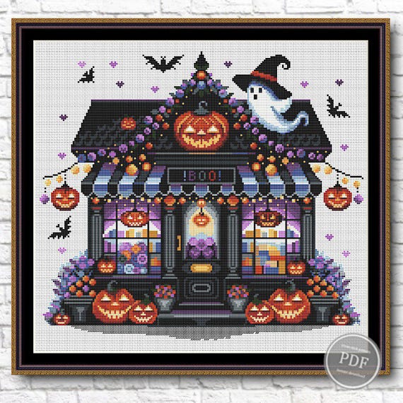 Create Spooky Halloween Pumpkin Candy Shop Cross Stitch PDF Pattern