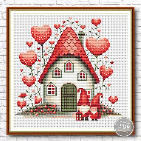 Craft Valentine Gnome Cross Stitch PDF Pattern for Cozy Home Decor