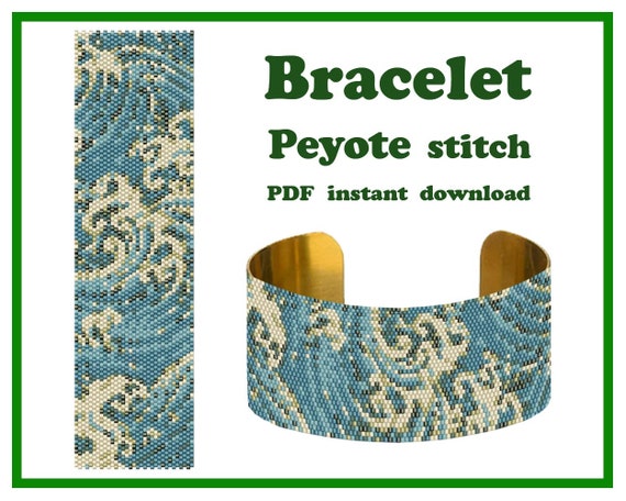 4.00 USDPeyote bracelet pattern PDF Japanese WavesThe pattern for Miyuki Delica Beads size 11 (6 colors)Technique: Odd-count peyote stitch.Width: 1.75 in (4.5 cm) - 33 columnsLength: 6.51 in (16.5 cm) - 94 rowsThe PDF file includes :1. Pattern preview.2. A large, detailed, numbered graph of the pattern.3. Bead legend - numbers, colors and the number of beads used for each color beads Delica.4. Word chart.You will find your PDF file and jpg file in the section "Your purchases" in Etsy after payment.***The instruction is for personal use only. Please do not copy, resell or share.PLEASE NOTE: this is a listing for a PDF pattern file, not the finished itemor step-by-step tutorial. Materials are not included. Stitch Technique Instructions or Tutorials are not not included. But if you need any help, be free to contact me.Thank you for visiting my store!