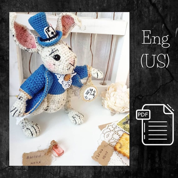 11.98 USDPLEASE NOTE: THIS IS A DIGITAL CROCHET PATTERN, NOT READY-MADE TOYS!According to this pattern, you will get an incredibly cute rabbit. He has a very interesting shape of the arms and embroidery of the face. The arms and legs are movable, with thread mount. He can sit and stand.Also there is a jacket with lace and golden edging, a top hat and a watch in this description.The height of the toy is 19 cm, excluding the ears. The size depends on the size of the hook, the thickness of the thread and the crochet density.THIS PATTERN INCLUDES:- 40 pages of detailed description- high quality photos- videosVideos, including: ⠀- Video - crochet heel strapping.- Video - Thread mount of the hindlimbs.- Video - Thread mount of the forelimbs.- And a video of basic crochet elements.This template is available in English in PDF format + videos in Russian, but the steps are clear. And you can turn on ENG subtitles. Internet access is required to watch videos.Recommended materials and tools:- 1 skein Alize Alpaca Tweed color 01/white color.- 1 skein Yarn Art Jeans color 16. - A little bit of white cotton or semi-cotton yarn.- Gold-colored metallized floss.- Black and red thread floss or cotton yarn.- Eyes size 9 mm.- Gold-colored button.- Polyester toys filling: syntepuh or holofiber. - 10 cm lace for frill and 25 - 30 cm for jacket hem.- Blush or dry pastels.- Hook size 2 mm.- Needles of different lengths.Level: intermediate.As it's a digital file, no cancellation or return is possible. If you aren't satisfied with your order, please contact me and we'll find the way out.The template will be available for download immediately after the payment confirmation. You will receive an email from Etsy with a link to download the template. For more details, please visit the page https://help.etsy.com/hc/en-us/articles/115013328108If you are going to purchase this template through the Etsy mobile app.The download link will not be available to you.To get the correct link to the template.You need to log in to your ETSY account using any browser.!!! Not via the mobile app. HAVE A NICE CROCHETING!