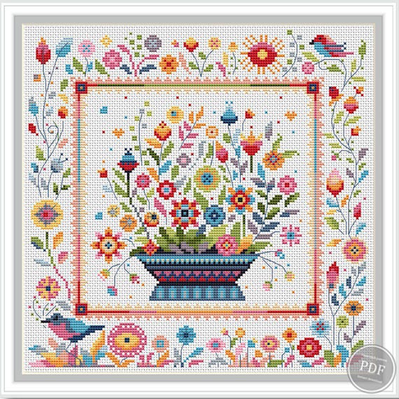 Create Colorful Floral Basket Cross Stitch PDF Pattern for Home Decor
