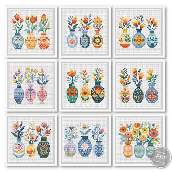 Create 9 Mini Floral Cross-Stitch Gift Tags PDF Pattern