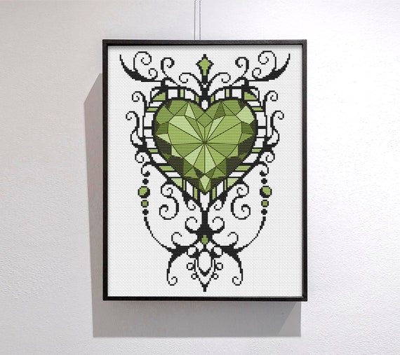Create Gothic Green Heart Cross Stitch PDF Pattern for Valentine Decor