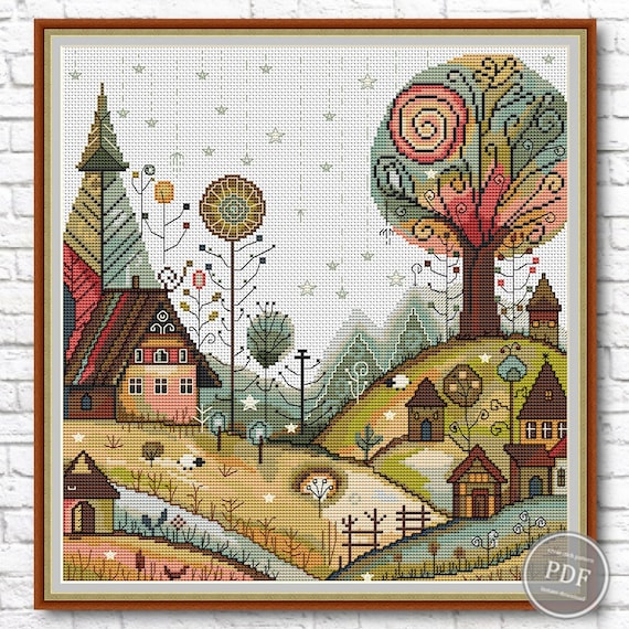 Craft Cozy Village House Cross Stitch PDF Pattern for Relaxing Embroidery