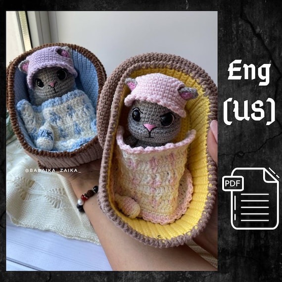 Crochet Baby Cat Plush Toy in Basket PDF Pattern for Cozy Decor