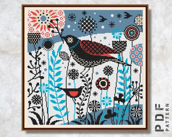 Craft Nordic Bird Embroidery PDF Pattern for Cozy Winter Home Decor