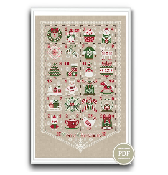 8.54 USDChristmas Advent Calendar Cross Stitch Pattern PDF – Holiday Sampler with Festive Motifs – Merry Christmas EmbroideryA charming Christmas Advent Calendar cross stitch pattern with 25 festive mini motifs including Santa, reindeer, gingerbread house, and holiday treats. Perfect for countdown stitching or decorating. Instant PDF download.Please note this is a PDF scheme only.No fabric, floss, or other materials are included in the listing.It is a digital pattern PDF format and will be available to download when the payment will be received. DMC colors: 3Size of one element: 179 х 294 stitches● Fabric: Aida 14 ● Design Area: 32.5 x 53.3 Cm 12.8 x 21 Inches ● Fabric: Aida 16 ● Design Area: 28.4 x 46.7 Cm 11.2 х 18.4 Inches ● Fabric: Aida 18● Design Area: 25.3 х 41.9 Cm 10 х 16.3 Inches ● Fabric: Aida 22● Design Area: 20.7 х 34 Cm8.1 х 13.4 Inches3 FILES AVAILABLE FOR DOWNLOAD2 FILES PRINT VERSIONprinting on A4 format- version with black and white characters - version with colored blocks and symbols This is a printable version with diagrams divided into sections. Printing on A4 paper is possible;TABLET VERSION- version with black and white characters- version with colored blocks and symbolsThis is a screen-friendly (phone and tablet) version with a solid layout. You can enlarge it for a better view.Compatible with PatternKeeper for phone and tablet.Each PDF file includes:Title page with main image;Thread color chart showing colors, keys, thread length, etc.;Scheme.In order to open these files you will need Adobe Reader, which can be downloaded here for free: www.adobe.com/products/reader Downloading instructions can be found here:https://www.etsy.com/help/article/3949?ref=help_search_resultI don't accept returns, exchanges, or cancellations.But please contact me if you have any problems with your order.Dear customers, I would appreciate your feedback. They are very helpful at work.Thank you for visiting my store! Enjoy your stitching!
