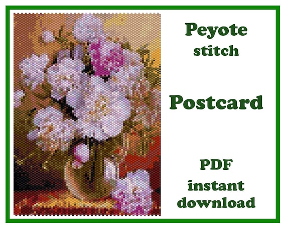 6.50 USDPeyote Postcard pattern PDF Postcard Flowers 8The pattern for Miyuki Delica Beads size 11 (50 colors)Technique: Peyote stitch.Width: 4.14 in (10.5 cm) - 78 columnsLength: 5.82 in (14.8 cm) - 84 rowsIn this difficult time, we all want to give something special to loved ones. Put a piece of your love and care in an envelope and send it to another part of the world.With a beaded postcard, it is possible!Make a unique greeting card with your own hands - bead to bead. You can hung it on the wall or framed. An original postcard in vintage style will delight you with its beauty for a long time.The PDF file includes :1. Pattern preview.2. A large, detailed, numbered graph of the pattern.*3. Bead legend - numbers, colors and the number of beads used for each color beads Delica.4. Word chart.You will find your PDF file and jpg file in the section "Your purchases" in Etsy after payment.*The colors in the Bead Chat may differ from the color of the beads due to the peculiarities of the program and the computer monitor.The pattern is for personal use only. Please do not copy, resell or share.PLEASE NOTE: this is a listing for a PDF pattern file, not the finished itemor step-by-step tutorial. Materials are not included. Stitch Technique Instructions or Tutorials are not included. However if you need any help, be free to contact me.Thank you for visiting my shop!
