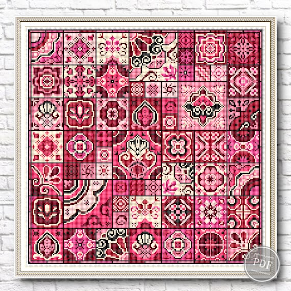 Craft Pink Patchwork Tile Embroidery PDF Pattern for Cozy Home Decor