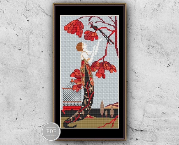 Craft Art Deco Embroidery PDF Pattern with 1920s Lady and Red Flowers