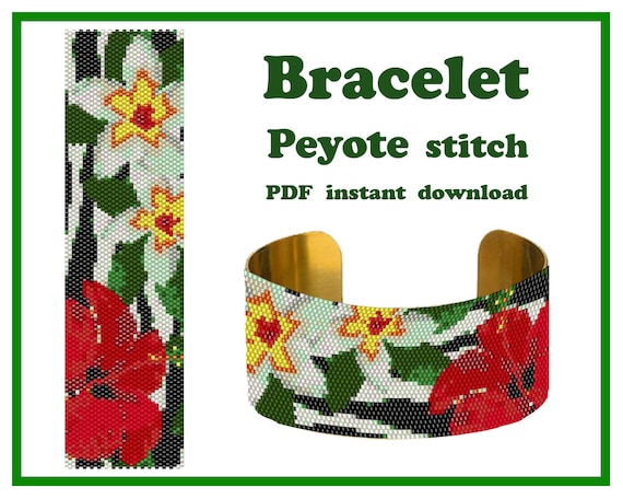 Make Exotic Floral Cuff Bracelet PDF Pattern with Peyote Stitch