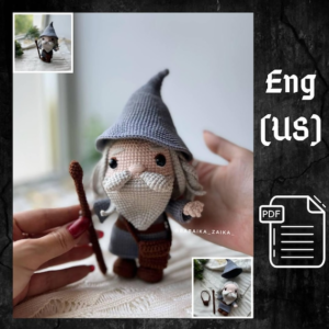 9.70 USDPLEASE NOTE: THIS IS A DIGITAL CROCHET PATTERN, NOT A READY-MADE TOY!This listing is an original pattern (written in English using American terminology) to crochet your own toy! CROCHET PATTERN "Gandalf. The Lord of the Rings"Difficulty level – INTERMEDIATEMaterials:- Fine/ 4ply yarn Yarn Art Jeans (50g /160m)N05 – CreamN46 – Dark GrayN49 – Light GrayN70 – BrownN62 – White- Wire ~ 20-25 cm / 8-10 inches- Safety Eyes 10 mm - 1.5 mm crochet hook - Thick cardboard or plastic - Scissors- Sewing pins- Stuffing material, fiberfill- Needle for sewing piecesThe height of the doll is 18-20 cm / 7-8 inches, using indicated materials.The pattern will be available for download immediately after payment. You will receive an email from Etsy with a link to downloadIf you are going to purchase this description using the Etsy mobile app, the download link will not be available to you.To get the correct link to the pattern you need to log in to your ETSY account using any browser.!!! Not via the mobile app.This pattern is intended for personal use only.You are not allowed to copy, rewrite, or distribute this pattern in any form as your own or otherwise.You are not allowed to resell my patterns, but you can sell any of the products made using it!HAVE A PERFECT SHOPPING!