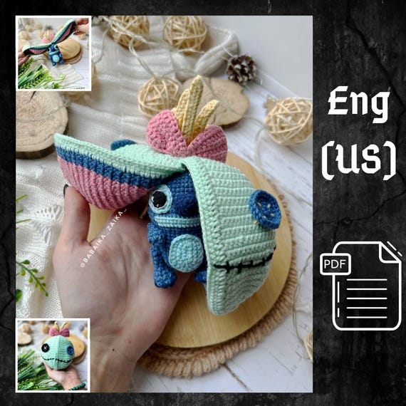 12.50 USDPLEASE NOTE: THIS IS A DIGITAL CROCHET PATTERN, NOT A READY-MADE TOY!This listing is an original pattern (written in English using American terminology and Spanish) to crochet your own toy! CROCHET PATTERN «Scrump - Stitch»Difficulty level – INTERMEDIATEMaterials:- Fine/ 4ply yarn Yarn Art Jeans (50g /160m)N17– BlueN53 – BlackN54 – Dark BlueN62 – WhiteN76 – CyanN78 – PinkN79 – MintyN88 – Yellow- 1.5 mm crochet hook - Scissors- Sewing pins- Stuffing material, fiberfill- Needle for sewing piecesThe size of the toy: height is 13-14 cm / 5-5.5 inches; width is 10-11cm / 4-4.5 inches, using indicated materials.The pattern will be available for download immediately after payment. You will receive an email from Etsy with a link to downloadIf you are going to purchase this description using the Etsy mobile app, the download link will not be available to you.To get the correct link to the pattern you need to log in to your ETSY account using any browser.!!! Not via the mobile app.This pattern is intended for personal use only.You are not allowed to copy, rewrite, or distribute this pattern in any form as your own or otherwise.You are not allowed to resell my patterns, but you can sell any of the products made using it!HAVE A PERFECT SHOPPING!