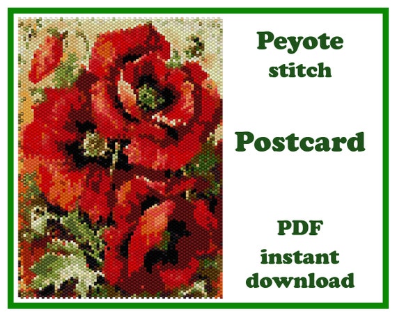 5.00 USDPeyote Postcard pattern PDF Postcard Flowers #4The pattern for Miyuki Delica Beads size 11 (33 colors)Technique: Peyote stitch.Width: 4.14 in (10.5 cm) - 78 columnsLength: 5.82 in (14.8 cm) - 84 rowsIn this difficult time, we all want to give something special to loved ones. Put a piece of your love and care in an envelope and send it to another part of the world.With a beaded postcard, it is possible!Make a unique greeting card with your own hands - bead to bead. You can hung it on the wall or framed. An original postcard in vintage style will delight you with its beauty for a long time.The PDF file includes :1. Pattern preview.2. A large, detailed, numbered graph of the pattern.*3. Bead legend - numbers, colors and the number of beads used for each color beads Delica.4. Word chart.You will find your PDF file and jpg file in the section "Your purchases" in Etsy after payment.*The colors in the Bead Chat may differ from the color of the beads due to the peculiarities of the program and the computer monitor.The pattern is for personal use only. Please do not copy, resell or share.PLEASE NOTE: this is a listing for a PDF pattern file, not the finished itemor step-by-step tutorial. Materials are not included. Stitch Technique Instructions or Tutorials are not included. However if you need any help, be free to contact me.Thank you for visiting my shop!1/4