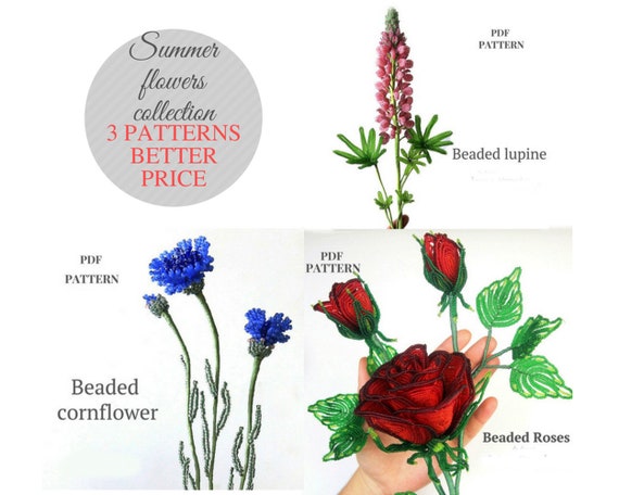 Craft Beaded Flower Trio PDF Pattern: Lupine Rose & Cornflower