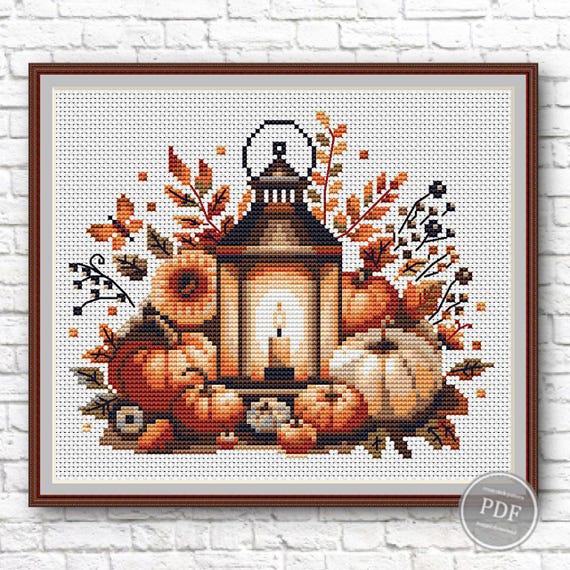 Craft Fall Pumpkin Lantern Cross Stitch PDF Pattern for Seasonal Decor