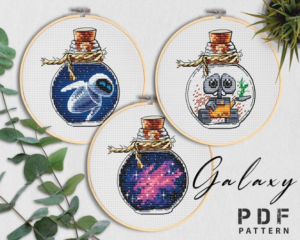 11.84 USDGalaxy in a bottle set cross stitch pattern This is a PDF template, it does not include threads, fabric, frame. No physical product will be sent"Space in a bottle"● Fabric: Aida 14 count● Size: 46x55 crosses (for canvas aida 14 is 3,29"х3,93")● DMC Colors: 15 basic colors and 2 blends of them● Used stitches: cross stitch, backstitch, french knots"Robot"● Fabric: Aida 14 count● Size: 46x55 crosses (for canvas aida 14 is 3,29"х3,93")● DMC Colors: 14 colors● Used stitches: cross stitch, backstitch, half-cross"Robot II"● Fabric: Aida 14 count● Size: 46x55 crosses (for canvas aida 14 is 3,29"х3,93")● DMC Colors: 16 basic colors and 1 blend● Used stitches: cross stitch, backstitch, french knotsPDF file includes:- image of the finished embroidery;- pattern in colour symbols with backstitch and without backstitch (divided into several sheets);- pattern in black & white symbols with backstitch (divided into several sheets);- key to the pattern with DMC color numbers;- color drawing on one sheet (for viewing on a computer or smartphone);For personal use only. Please do not copy or distribute.*** Please note that this listing is for a digital pattern download only, not a finished physical product. Colors may look different on different monitors.Your files will be available to download immediately after the payment confirmation. For more details, please visit the page https://help.etsy.com/hc/en-us/articles/115013328108 REFUNDS:Due to the digital nature of this product, there are no refunds, returns, or exchanges. But I strive to make all my customers happy and satisfied! Dear customers, I would appreciate your feedback. They are very helpful at work.If you have any questions, please feel free to contact me.Thank you for visiting my shop and Happy Stitching!