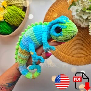 10.97 USDIn this lesson, you will learn how to crochet a bright chameleon with charming eyes.The finished size of the toy, using a 3.75 mm crochet hook and the stated materials is ~9 inches / 23 cm in height.This pattern tutorial includes one PDF file with 14 pages of detailed descriptions of how to crochet your toy with simple step-by-step instructions (language: English) and plenty of photos.Please note: This is not a finished toy. Materials are not included. Materials:3.75-4 mm crochet hook for plush yarn.Plush yarn 120m/100g– (I crocheted Lavita Velur, you can use an analog: Himalaya Dolphin Baby, YarnArt Dolce, Wolans Bunny Baby, Panda Baby Bonbon, and others). Yarn consumption is about 70 g.The basic color is 2 pcs, and the additional color is 1 or more colors. Safety eyes D-18 mm (20 mm).Tapestry needle (long and short).Pins.Scissors.Stitch markers.Stuffing material.Wire for the wireframe D=1.5-2 mm. It is best to use copper (I have 40 cm/15.7 inches long for floristry - 1 piece).Adhesive tape for securing the wireframe.Cutters, pliers. Abbreviations (US):MR – magic ringsc – single crochetinc – increase – two single crochet in one stitchdec – decrease – two single crochet togetherch – chainsl st – slip stitch(…) inc – repeat increases are instructed(….) х 6 times – repeat 6 times or as instructed This is a paid pattern!This pattern is protected by copyright, and it is intended only for personal use. This pattern is a work of authorship of Victoria Kravchenko. It is forbidden: change the pattern in whole or partly, use the instructions for your patterns or video tutorials, full or partial reproduction and distribution, exchange or send this pattern to third parties. It is forbidden to publish this pattern in a whole or partly on the internet, on public social networks, or private pages.Feel free to contact me if you have any questions.
