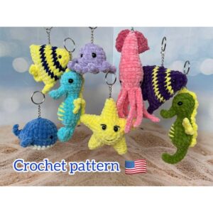 6.99 USDThis wonderful set of sea animals is made with your own hands, will be a great gift. This crochet patterns will help you to make your own amigurumi keychain whale, squid, octopus, fish, starfish and seahorse.Handmade keychains with sea animals will be excellent gifts for sea and ocean lovers.They can be used as a keychain or as a car pendant. They can also be hung on a backpack.You can also make a children's sea mobile and a hang it above the child's crib.This is NOT THE FINISHED KEYCHAINS! This is DOWNLOADABLE PDF CROCHET PATTERN !This listing is an original pattern (written in English using American terminology) to crochet.Skills level – intermediate.THE SIZE:- starfish is about 11 cm (4.3 inches);- fish is about 9 cm (3.5 inches);- seahorse is about 14 cm (5.5 inches);- octopus is about 8 cm (3.1 inches);- whale is about 9 cm long (3.5 ‘inches);- squid is about 18 cm (7 inches) This crochet pattern is easy to follow with step-by-step instructions, photos illustrating the process).It does not contain crochet lessons. You should have basic crochet skills to be able to crochet with the help of this crochet pattern.*****************************************This crochet pattern is available for Instant Download. When your payment is completed you will receive an email with all the information needed to download your file. This email will be sent to the email address connected with your Etsy Account. If you have any problem, please contact me.*********************************You will need Adobe Reader to open this Pattern. Please note: this is not a readymade toy. Materials not included.Materials and tools Super Bulky/Super Chunky/14ply chenille yarn HIMALAYA DOLPHIN BABY of any colorSewing needleSewn-on half beads size 8 mmHookS size 3 mm, 3,75 mm, 4,5 mm by CloverSafety eyes 6-12 mmStuffing toys materialKeychain fastenerAbbreviations: ch – chainsc – single crochet inc – increase dec – decreasesl st – slip stitcht-ch – turning chaindc – double crochethdc – half double crochet stitchhdcinc – half double crochet increase (2 hdc in one stitch)hdc2tog – crochet 2 hdc together (….) * n – repeat instruction in brackets N times (…) – number of loops in a row