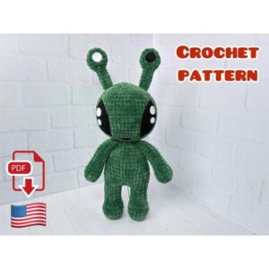 5.00 USDCreate your own soft plush alien with this easy-to-follow crochet pattern. This amigurumi alien features long antennae, oversized eyes, and a cuddly chenille texture, making it a fun and unique handmade project. Perfect as a birthday gift, nursery decor, or a special surprise for your child, this crochet alien is designed to be loved by kids and adults alike.PLEASE NOTE: PURCHASE OF THIS ITEM IS FOR A DIGITAL PDF CROCHET PATTERN, NOT THE ACTUAL FINISHED TOY in THE PHOTOS!All photos show real handmade toys created from this pattern. This crochet pattern is written by a human, not generated by AI.This listing is an original pattern (written in English using American terminology) to crochet.Only the antennae are sewn on.— The size of the alien with the antennae is about 32 cm (12.5 inches); This pattern is for personal use only.You do NOT have permission to recopy, rewrite, or redistribute this pattern in any form as your own or otherwise. You may NOT resell my patterns, but you are welcome to sell any of the items made from my patterns!Recommended materials and toolsSuper Bulky/Super Chunky/14ply chenille yarn HIMALAYA DOLPHIN BABY (100g/120m) – 80g of green color (No. 360)Sport weight/4ply yarn YarnArt JEANS or Alize Cotton Gold of black color 30 cm thread for face decorationHook size 3.75 mm Some pieces of black and white felt for eyes and antennaeSuper glueSewing needleCotton swabs and adhesive tapeStuffing toys material Abbreviations:ch – chainsc – single crochetdc – double crochetinc – increasedec – decreasesl st – slip stitch(….) * n – repeat instruction in brackets N times (…) – number of loops in a row Thanks for shopping and happy crocheting!!