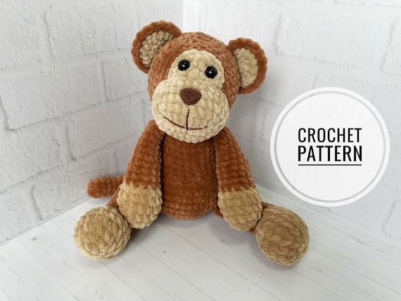 5.99 USDCrochet monkey, made with your own hands, will be a great gift. You can crochet this monkey for someone special, as a gift for baby shower or birthday gift. Or you can make the monkey for your child.Your plush monkey will make a wonderful gift for all ages, especially small children.This listing is an original pattern (written in English using American terminology) to crochet.Please note: this is not a readymade toy. Materials not included.When using similar materials, the toy will be about 26 cm (10.2 inches).You can crochet a toy from any yarn, but you will have to choose the size of the hook and eyes yourself.____________________________The pattern does not contain a basic crochet course-you should already have basic knowledge!_______________________________________This crochet pattern is easy to follow with step-by-step instructions, photos illustrating the process.It does not contain crochet lessons. You should have basic crochet skills to be able to crochet with the help of this crochet pattern.Only the muzzle and ears are sewn on. All other pieces are crocheted into the body.*****************************************This crochet pattern is available for Instant Download. When your payment is completed you will receive an email with all the information needed to download your file. This email will be sent to the email address connected with your Etsy Account. If you have any problem, please contact me.*********************************You will need Adobe Reader to open this Pattern.Recommended materials and toolsSuper Bulky/Super Chunky velvet yarn HIMALAYA DOLPHIN BABY of brown (one skein), beige (half a skein).Sport weight/4ply yarn YarnArt JEANS or Alize Cotton Gold ofbrown color 30 cm thread for face decoration.Sewing needleHook size 3.5 mm by CloverSafety eyes 9-10 mmSafety nose 16 mmStuffing toy material Abbreviations:ch – chainsc – single crochetinc – increasedec – decreasesl st – slip stitch(….) * n – repeat instruction in brackets N times (…) – number of loops in a row