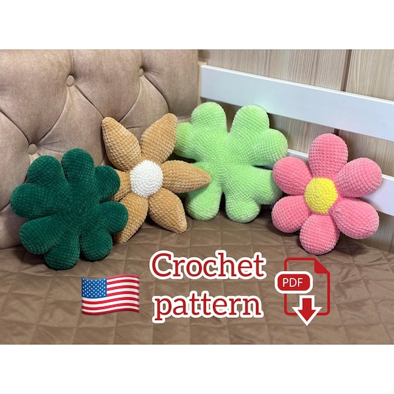 6.99 USDCrochet clover and flower pillows will be a great gift for your beloved ones. Every time he (she) looks at it, he (she) will remember you. Make cushions to match the color of your interior, decorate your nursery with them, or put them in your car.***THIS IS A PILLOW CROCHET PATTERN, NOT THE ACTUAL PILLOW***This listing is an original pattern (written in English using American terminology) to crochet.— The size of the clover cushion is about 29 cm (11.5 inches) and 23 cm (9 inches)— The size of the pillow:Flower Cushion with round petals is about 26 cm (10.2 inches); Flower Cushion with sharp petals is about 32 cm (12.5 inches)LEVEL - Suitable for Beginners. But you need to know basic crocheting skills.All pieces are crocheted together in one piece, there are no sewn pieces.The pattern will be available for download immediately after payment has been cleared. You will receive an email from Etsy providing you a link to download the pattern.There is NO REFUND on PDF pattern purchases.Recommended materials and tools for clover pillowsSuper Bulky/Super Chunky/14ply chenille yarn HIMALAYA DOLPHIN BABY (100g/120m) – 130g of green color (No. 331) for small cushion and 205g of green color (No. 350) for large cushionHook size 4 mm by CloverToy stuffing materialRecommended materials and tools for flowers pillowsSuper Bulky/Super Chunky chenille yarn HIMALAYA DOLPHIN BABY (100g/120m) – more than one skein for the petals, 1/5 a skein for the middleHook size 5 mm by CloverToy stuffing materialAbbreviations: MR – magic ring sc – single crochet inc – increase dec – decrease sl st – slip stitch (….) * n – repeat instruction in brackets N times (…) – number of loops in a row