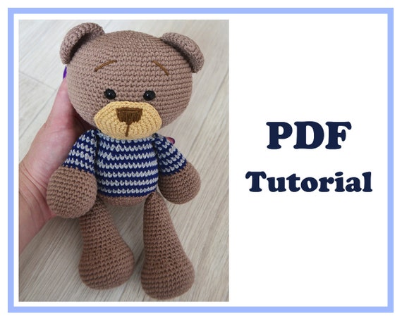 4.99 USDAmigurumi Bear Teddy crochet pattern. Crochet pattern PDF Pattern Crochet PDF Tutorial - Instant downloadPDF pattern includes instructions on 16 pages and 58 photos.Pattern is written in English.The size of the toy ≈ 24 cm.Please note: this is not a readymade toy. Materials not included.You can take any yarn you want. I'll tell you what yarn I used to crochet these Bears.Materials:- YarnArt Jeans 1 skeins of yarn, color 71. And also about 8-10 grams of yarn yellow( for muzzle) and blue, gray for sweater.(cotton - 55%, polyacrylic - 45%, 50g/160m)- Hook 2.5 mm (if no other hook is specified on the label)- Eyes 12 mm- Hollow fiber.- Needle, scissors