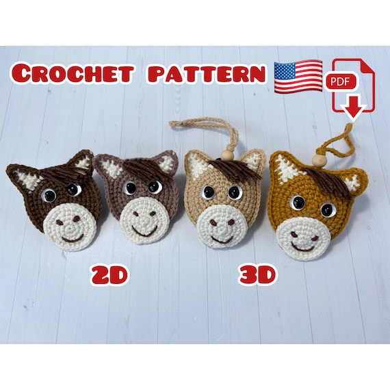 3.20 USDBring a touch of handmade charm to your crafts with this crochet horse head pattern! This easy-to-follow PDF tutorial includes both 2D and 3D versions, perfect for creating ornaments, magnets, keychains, or bag charms. Ideal for beginners and intermediate crocheters, the pattern features clear step-by-step instructions with photos. Make adorable horse designs in your favorite colors for gifts, holiday decor, or everyday accessories.This is NOT THE FINISHED KEYCHAIN! This is DOWNLOADABLE PDF CROCHET PATTERN !The pattern contains a description of the horse pendant and the horse magnet. The horse pendant can be used as a keychain, you can hang it on a backpack or in a car, they can also decorate a fireplace or a Christmas tree. The horse magnet will be a great gift for everyone.This listing is an original pattern (written in English using American terminology) to crochet.Skills level – easy.— The size of the horse is about 7 cm (2.7 inches); This crochet pattern is easy to follow with step-by-step instructions, photos illustrating the process).It does not contain crochet lessons. You should have basic crochet skills to be able to crochet with the help of this crochet pattern.*****************************************This crochet pattern is available for Instant Download. When your payment is completed you will receive an email with all the information needed to download your file. This email will be sent to the email address connected with your Etsy Account. If you have any problem, please contact me.*********************************You will need Adobe Reader to open this Pattern. Recommended materials and toolsSport weight/4ply yarn YarnArt JEANS of any shades of brown and beige, cream or white colors.Sewing needle Hook size 2,25 mm and 2 mm by CloverStuffing toys materialSafety eyes or glue-on eyes 8 mmWooden beadsGlueAbbreviations: MR – magic ring ch – chainsc – single crochet inc – increase dec – decrease sl st – slip stitch t-ch – turning chain(….) * n – repeat instruction in brackets N times (…) – number of loops in a row