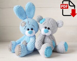 5.40 USDCrochet pattern bear and bunny with blue nose / easy to follow amigurumi pattern Toy size approx. 9in (23cm)Language: English and Russian.Please note: this is not a readymade toy. Materials not included.Recommended materials and tools:1. Plush yarn: YarnArt DOLCE or Himalaya DOLPHIN BABY one or one skein and a half, (100g/120m) white and light blue colors.2. Some white yarn for the muzzle Alize SOFTY.3. Thin cotton threads matching color to sew the parts and to embroider: gray, white and black colors.4. A piece of soft felt fabric or fleece light blue color to make the nose and the patches.5. Strong kapron thread (polyamide) to attach the head (you can buy it at any building store), diameter 8-10mm.6. Round beads or safety eyes - diameter 10mm.7. Toy stuffing: any polyfill stuffing.8. 2 buttons diameter 25-30mm or 4 buttons diameter 15-18mm to attach the limbs. You can use cotter pin joint or plastic toy joint instead.9. Size 3,0 mm crochet hook, wide-eyed needle, scissors.