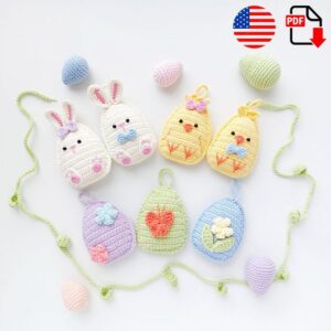 6.60 USDCreate your own Easter Decoration with this crochet pattern! This easy-to-follow pattern includes 1 PDF file with detailed instructions. It will be wonderful Easter decor for your home or as a gift.Only basic crocheting skills will be needed: chain, single crochet, slip stitch, double crochet, increasing, decreasing.I’m sure that you love this sweet Easter Decoration! You can always ask me if you have any questions.This pattern is in English language.Please note that this is a crochet pattern (PDF file), not the toy. The file will be available for download after payment confirmed.Materials:Yarn Art Jeans (50g/160m)– 88 (yellow) Yarn Art Jeans – 36 (pink)Yarn Art Jeans – 75 (blue)Yarn Art Jeans – 11 (green)Yarn Art Jeans – 03 (white)Yarn Art Jeans – 19 (lilac)Yarn Art Jeans – 23 (orange)Sewing threads – blackBlack beads – 8 items, diameter 3-4mmHook – 1.7mmAlso you need: scissors, needle with big eye, fillerSIZE: approx. 10,5cm with hanging, 7,5cm without hanging. The garland is 1m.Please do not copy or redistribute this pattern or claim it as your own. You may sell your finished items if you like. Thanks!