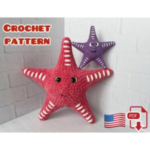 5.00 USDCreate your own soft and charming starfish with this crochet pattern designed for a cozy, handmade result. The finished piece has a playful look and a plush texture, making it a lovely addition to a nursery, playroom, or ocean-themed decor.This amigurumi starfish also works beautifully as a thoughtful handmade gift for a baby shower, birthday, or just because. It’s a simple and enjoyable project that results in a cute toy both children and adults will appreciate.All photos show real handmade toys created from this pattern. This crochet pattern is written by a human, not generated by AI.***THIS IS A STARFISH CROCHET PATTERN, NOT THE ACTUAL TOY***This listing is an original pattern (written in English using American terminology) to crochet.— The size of the starfish plush is about 26 cm (10.2 inches); the small starfish is about12 cm (4.7 inches)You can crochet a toy from any yarn, but you will have to choose the size of the hook and eyes yourself.____________________________This crochet pattern is easy to follow with step-by-step instructions, photos illustrating the process).It does not contain crochet lessons. You should have basic crochet skills to be able to crochet with the help of this crochet pattern.*****************************************This crochet pattern is available for Instant Download. When your payment is completed you will receive an email with all the information needed to download your file. This email will be sent to the email address connected with your Etsy Account. If you have any problem, please contact me.*********************************You will need Adobe Reader to open this Pattern. Recommended materials and toolsSuper Bulky/Super Chunky velvet yarn HIMALAYA DOLPHIN BABY (100g/120m) – 1 skein of pink color, some cream yarn.Sport weight/4ply yarn YarnArt JEANS or Alize Cotton Gold of Black color of 30 cm each thread for face decoration.Hook size 5 mm by CloverToy stuffing materialSafety eyes 16 mmThe small starfish is made from Fine/4ply yarn YarnArt JEANS (50g/160m), hook 2.25 mm by Clover. I used glue eyes with a diameter of 10 mm. The length of the starfish is 12 cm (4.7 inches).You can sew a cord to a starfish made of cotton yarn and hang it in your car, or a metal keychain and hang it on your backpack.Abbreviations: MR – magic ring sc – single crochet inc – increase dec – decrease dc – double crochet(….) * n – repeat instruction in brackets N times (…) – number of stitches in a round