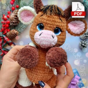 10.97 USDCrochet bull pattern, toy pattern for kids, crochet tutorial in PDF format.Language: English and Russian.Please note: this is not a readymade toy. Materials not included. Materials used:Yarn usage and height of this toy depends on your crocheting density, yarn batch, yarn brand and number of your crochet hook I used safety eyes 16mm in color dark blueYarn i used:Cow number one:Main color (100-150g.) YarnArt Dolce - №754 (gray brown).Horns, hooves (35-40g.) - Himalaya Dolphin Baby - №337(brown).Mouth, inner part of the ear (5g.) - Himalaya Dolphin Baby - №333(light peach).Cow number two - body with splashes of color and different legs.Body (100g.) - Himalaya Dolphin Baby №337 (brown).Accent body color (30-40g.) - Himalaya Dolphin Baby №333(ligh peach).Mouth, inner part of the ear (5g.) - Himalaya Dolphin Baby №303(powder pink).Horns, hooves (35-40g.) - YarnArt Dolce - №754(gray brown).Alternative colors:I suggest brown hooves, №339 or №322.For mouth and inner part of the ear:Himalaya Dolphin Baby - YarnArt DolceColor №303 (powder-pink). or №750(light pink).For horns and hooves:Himalaya Dolphin Baby №343(brown)Body ideas:YarnArt DolceColor №757(mustard)Color №765(brown)Color №747(beige)Himalaya Dolphin BabyColor №330(mustard)Color №337(brown)Color №317(beige)Colors are displayed as an example, I suggest you to look to yarn shops where you can find for example milky tones and other interesting colors. You also need little bit of white plush yarn for sewing the white parts of the eye. Little bit of thin black and brown yarn for hair, eyebrows and tail. Yarn for sewing parts together. Abbreviations (US):MR – magic ringsc – single crochetinc – increase – two single crochet in one stitchdec – decrease – two single crochet togetherch – chainsl st – slip stitch(…) inc – repeat increases are instructed(….) х 6 times – repeat 6 times or as instructed This is a paid pattern!This pattern is protected by copyright, and it is Intended only for personal use. This pattern is a work of authorship of victoria kravchenko. It is forbidden: change the pattern in whole or partly, use the instructions for your patterns or video tutorials, full or partial reproduction and distribution, exchange or send this pattern to third parties. It is forbidden to publish this pattern in a whole or partly on the internet, on public social networks, or private pages. Feel free to contact me if you have any questions.