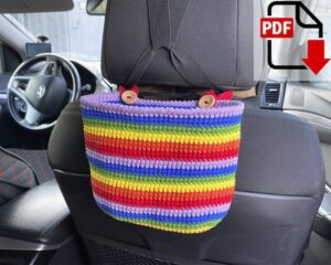 4.00 USDCrochet car trash bag pattern.Create your own crochet car trash Bag with this easy crochet pattern.ATTENTION: This is a PDF crochet pattern! Not a ready-made car trash bin. Materials not included.Cute mini trash bag for your car! Perfect for those pesky receipts and straw trash! Attaches easily to your passenger side or driver side headrest. Simply run the button strand around the metal bracket, button it back into the can, and you're done!It's perfect to holder things that you need to have close while you go in your car (water bottles, hands sanitizers, gloves and scarves, napkins, cellphone)There are NO REFUNDS after purchase since this is a DIGITAL DOWNLOAD. This template crochet pattern is delivered via digital instant download.When your payment is completed, you will receive an email from Etsy with a download link.This very simple amigurumi pattern includes step-by-step photos to help you along the way.Language: EnglishMeasurements:7" wide x 2.7" deep x 5.1" tallRecommended materials and toolsAran/Worsted/10ply yarn YarnArt JEANS PLUS (160m/100g) of green, red, orange, yellow, blue and purple colorsSewing needle Hooks size 4 mm 2 wooden buttons size 20 mmAbbreviations:ch – chain sc – single crochet inc – crochet 2 sc in one stitcht-ch – turning chain(….) * n – repeat instruction in brackets N times (…) – number of loops in a row / round