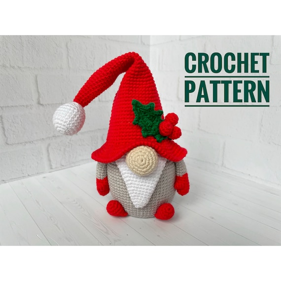 4.99 USDThis Christmas Gnome would be a great Christmas gift. Make it for yourself or give it to your family and friends on Christmas.Put it on the mantelpiece or decorate your desktop.PLEASE NOTE THAT THIS IS A CROCHET PATTERN, NOT THE FINISHED PRODUCT.— Size : Gnome with a straight cap - 27 cm (10.6 inches), with a bend cap - about 15 cm (5.9 inches). This listing is an original pattern (written in English using American terminology) to crochet.This crochet pattern is easy to follow with step-by-step instructions, photos illustrating the process).It does not contain crochet lessons. You should have basic crochet skills to be able to crochet with the help of this crochet pattern.*****************************************This crochet pattern is available for Instant Download. When your payment is completed you will receive an email with all the information needed to download your file. This email will be sent to the email address connected with your Etsy Account. If you have any problem, please contact me.*********************************Recommended materials and toolsSport weight/4ply yarn YarnArt JEANS or Alize Cotton Gold of gray, red colors, a little of green colorSewing needle Hook size 2.25 mm by CloverStuffing toys materialAbbreviations: MR – magic ring ch – chainsc – single crochet inc – increase dec – decrease sl st – slip stitch BLO – back loops onlyhdc – half double crochetdc – double crochettr – treble crochetBobble st – crochet the indicated number of unfinished tr in one stitch with a common top(….) * n – repeat instruction in brackets N times (…) – number of loops in a row