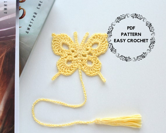 3.30 USDButterfly Bookmark Pattern with tassel.Cheaper as a set:https://threadtutorial.etsy.com/listing/1779968309https://threadtutorial.etsy.com/listing/1763455712For crocheting the bookmark you need the following:Yarn: cotton 100% - 50 g/200 m , hook № 1.70-1.75Bookmark comes out 32 cm (12,6 inches) The pattern includes a step-to-step description of every row in English and photos.Level – elementaryThe pattern is easy, but you should know some basic crochet skills:ch–chain stitchdc – double crochetsc – single crochetsl st – slip stitchDigital File UploadAfter purchasing this PDF pattern, you will be taken to the Downloads page where you can download all the digital files associated with your order.Permissible Use of the PatternPlease use this pattern for personal use only. Please do not copy, distribute or resell this pattern.