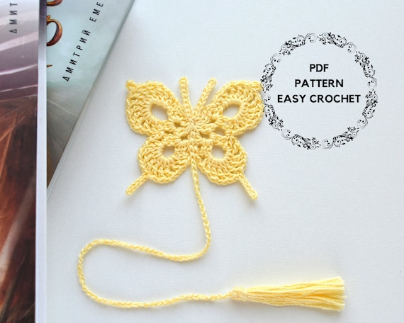 3.30 USDButterfly Bookmark Pattern with tassel.Cheaper as a set:https://threadtutorial.etsy.com/listing/1779968309https://threadtutorial.etsy.com/listing/1763455712For crocheting the bookmark you need the following:Yarn: cotton 100% - 50 g/200 m , hook № 1.70-1.75Bookmark comes out 32 cm (12,6 inches) The pattern includes a step-to-step description of every row in English and photos.Level – elementaryThe pattern is easy, but you should know some basic crochet skills:ch–chain stitchdc – double crochetsc – single crochetsl st – slip stitchDigital File UploadAfter purchasing this PDF pattern, you will be taken to the Downloads page where you can download all the digital files associated with your order.Permissible Use of the PatternPlease use this pattern for personal use only. Please do not copy, distribute or resell this pattern.