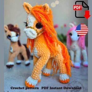 10.97 USDAll photos show real handmade toys created from this pattern. This crochet pattern is 100% human-made, not generated by AI.Learn to crochet a bright and unique plush horse with this detailed tutorial! The finished toy stands firmly on all four legs without a wire frame, making it soft, cuddly, and safe for children.PLEASE NOTEThis listing is for a digital crochet pattern (PDF file) — not a finished toy.Pattern is available in English (US terms).Instant digital download — you’ll receive the file immediately after payment.ABOUT THE PATTERNThis PDF pattern includes:• Step-by-step written instructions with 29 pages of detailed descriptions.• Clear photos and video tutorials for each stage of the process.• Full guidance on crocheting all parts of the horse — from legs and body shaping to assembly and decoration.• Tutorials on crocheting legs, seamless color changes, attaching the head, and embroidering expressive symmetrical eyes.This tutorial will help you improve your crochet skills and create a truly charming handmade toy.FINAL SIZEWhen made with the recommended materials and a 3.75 mm crochet hook, the finished horse is about 22 cm / 8.6 inches tall.The size may vary depending on your yarn, hook, and crochet tension.SKILL LEVELIntermediate.You should be familiar with crocheting in a round, making single crochet stitches, increases, and decreases.RECOMMENDED MATERIALS AND TOOLS• Crochet hook: 3.75–4 mm (for plush yarn)• Plush yarn 120 m / 100 g (e.g., Lavita Velur, Wolans Bunny Baby, Yarn21 Dolphin Bambino, Himalaya Dolphin Baby, YarnArt Dolce). Body color: ~70 g. Accent color (hooves, muzzle, etc.): ~20 g• Textured yarn for mane and tail• 16 mm safety eyes• A bit of black and white yarn (YarnArt Jeans or similar) for eye design• Yarn for sculpting (YarnArt Jeans)• Strong sewing thread• Stitch markers (or thin yarn scraps)• Scissors, stuffing material, pins, short and long sewing needles• Optional: split pin joints for head movement (2 disks 25 mm + 1 T-split pin), pliers, 5 mm ribbon, glue, eyelashes, decorative yarn (YarnArt Camellia)ABBREVIATIONS (US TERMS)MR – magic ringsc – single crochetinc – increase (2 sc in one stitch)dec – decrease (2 sc together)ch – chainsl st – slip stitch(...) inc – repeat increases as indicated(...) × 6 – repeat 6 times or as indicatedCOPYRIGHT AND TERMS OF USEThis pattern is an original design by Victoria Kravchenko. It is protected by copyright and intended for personal use only.Reproduction, distribution, or sharing (in whole or in part) is strictly prohibited.You may sell finished toys made from this pattern, but please credit Vikusik Toys as the designer.💛 Feel free to contact me if you have any questions — I’m always happy to help!