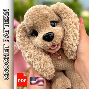 10.97 USDCrochet your own adorable plush Spaniel with this detailed amigurumi pattern. This PDF tutorial guides you step by step to create a soft, cuddly puppy with big eyes, floppy ears, and a sweet expression. Perfect for beginners and intermediate crocheters, this pattern works great as a handmade gift for kids, dog lovers, or anyone who appreciates cute stuffed animals. The finished toy is huggable, expressive, and full of personality — a joy to make and even more fun to keep or gift.The toy is crocheted as one piece, i.e., the body and head are crocheted together. The paws, tail, mouth, and ears are attached during the crocheting process, and only the decorated elements (tongue and paw pads) are sewn on.The height of the ready toy using the stated materials is 28-30 cm (11.8 inches).The crochet pattern in Pdf format includes:- detailed text description of knitting on 63 pages;- more than 160 high-quality photos of the process;- 15 links to videos of difficult moments (you need to click on the text highlighted in pink and you will be automatically redirected to the desired video).The template is only available in English.This pattern does not include the lessons of crocheting. You must have previous knowledge of crochet techniques.Please note: this is not a readymade toy. Materials not included.The required materials:•4 mm basic crochet hook; 4.5 mm crochet hook for the ears and tail made from fur yarn; 2.5 mm crochet hook for the tongue and paw pads.•Plush yarn LaVita Yarn Velur (120m/100g) - 160-180 g. For the beige dog, I used colors 7119 (cappuccino) and 1038 (sandy) for the golden dog.•Fur yarn LaVita Soft Baby (90m/100g) - 70-80 g.The similar colors are 7119 (cappuccino) and 1038 (sand). •You can change LaVita Soft Baby to Wolans Fox, Fable Fur or Himalaya Coala. •Black, pink, and brown YarnArt Jeans (160 m/50g) for the eyes, tongue, and paw pads.•Firm thread for sculpting. •Stuffing material (fiberfill/ polyester). •Safety trapezoid eyes d=20 mm (I use “chameleons” with a slanted pupil), safety dog nose d=25*19 mm (26*21 mm, 23*18 mm or 22*17 mm).•Artificial eyelashes, glue (I use Crystal).•Scissors, tapestry needle, pin, and stitch marker to indicate the beginning of the round.✅ You can use any yarn and tools, but the final size of the toy may vary.