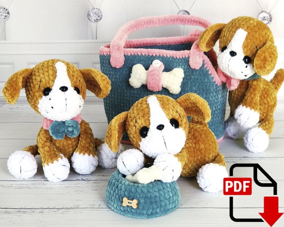 8.36 USDCrochet pattern for Lucky the puppy, a soft amigurumi dog with floppy ears and a small matching bag accessory. This digital PDF tutorial shows how to create a plush toy that works well as a nursery decor piece, a handmade baby gift, or a cute addition to a kids’ play set. The design focuses on a classic puppy look with textured yarn and simple shaping, suitable for modern handmade toy collections. Includes step-by-step guidance to help you recreate the dog and its accessory from start to finish.All photos show real handmade toys created from this pattern. This crochet pattern is written by a human, not generated by AI.PATTERN AVAILABLE in English (US crochet terms) and Russian.PLEASE NOTE: THIS PURCHASE IS ONLY FOR A DIGITAL CROCHET PATTERN, NOT THE FINISHED TOY. MATERIALS NOT INCLUDED.Instant digital download - ready to download once payment is confirmed.You will see the download link in details of your order.List of recommended materials and tools:•Yarn HiMALAYA Dolphin Baby, gauge: 120m/100gr.•For the puppy: main yarn color code 330, for one toy you will need a half of a skein.Additional yarn color code 301 you will need about 10gr.•For the bag and the bowl: turquoise yarn color code 354, pink yarn color code 346 – you will need a skein of each yarn color.•Some milky yarn color to make the bone – code 308.•Size 2.75 or 3mm crochet hook.Final size of the work is about 23 cm tall. Final size of your work will depend on how tight you crochet.•Iris thread matching color to sew the parts and to do sculpting.•Safety nose size 8 or 10mm.•Black thread to embroider.•Toy eyes d. 13mm.•2 buttons.•Toy stuffing.•Wide-eyed needle to sew the parts together and to do sculpting.•Scissors.•Stitch marker.