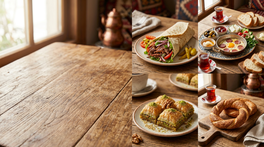 food collage, Turkish cuisine, döner kebab wrap, Turkish breakfast spread,