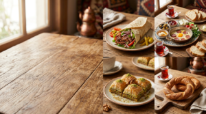 food collage, Turkish cuisine, döner kebab wrap, Turkish breakfast spread,