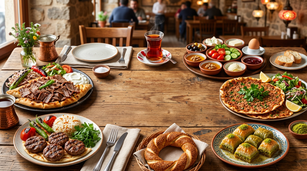 food travel cover image, Turkish food collage on a table, döner kebab