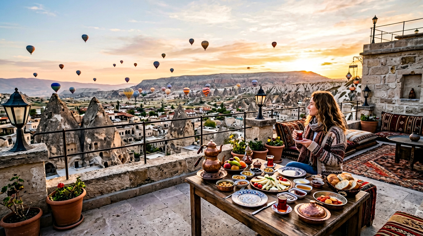 travel blog cover image, Goreme Cappadocia cave hotel terrace at sunrise