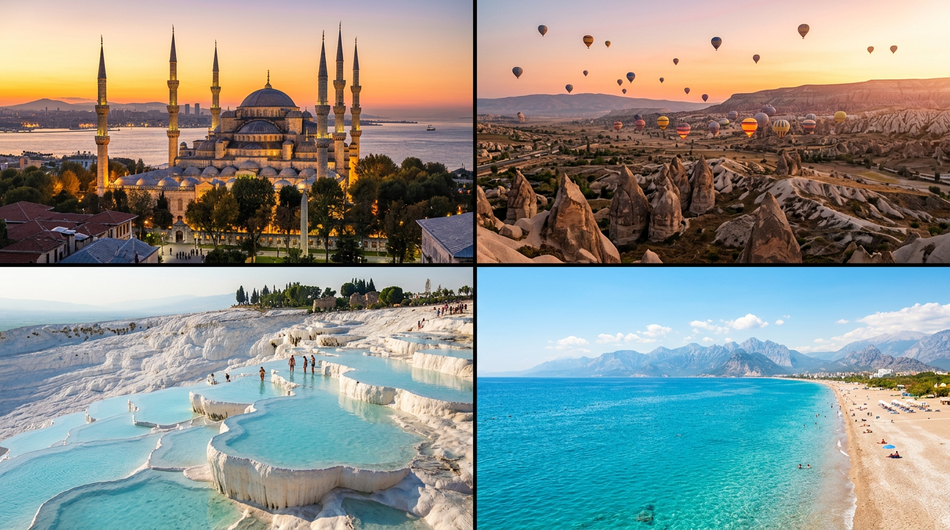 travel collage, Turkey destinations, 4-panel split composition, top left