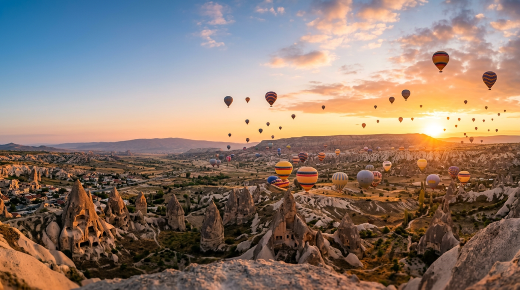  Cappadocia sunrise, many hot air balloons flying over