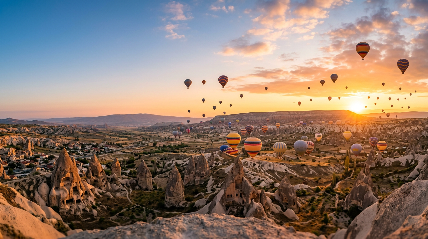 Cappadocia sunrise, many hot air balloons flying over