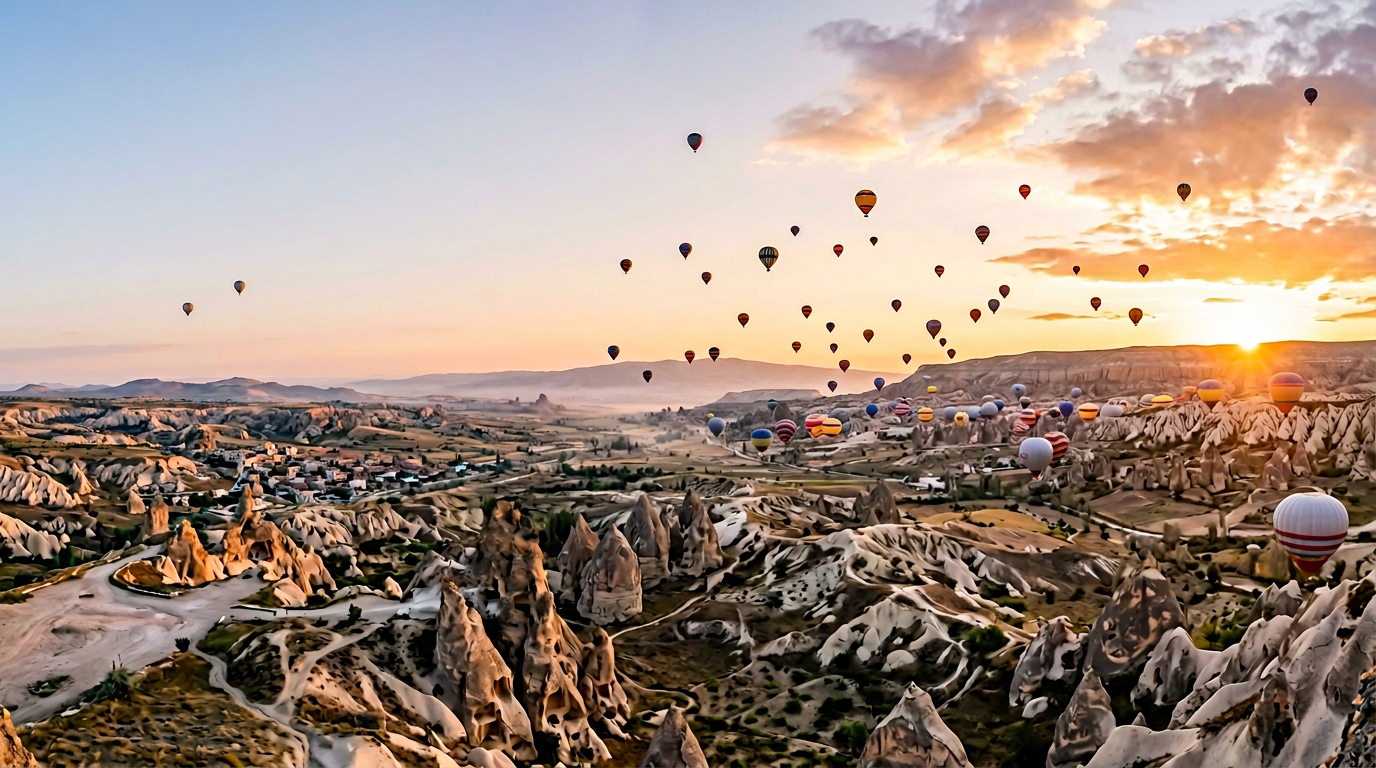 Cappadocia sunrise with hot air balloons filling the